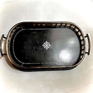 Maitland-Smith Leather Wood Antiqued Metal Serving Tray Bar